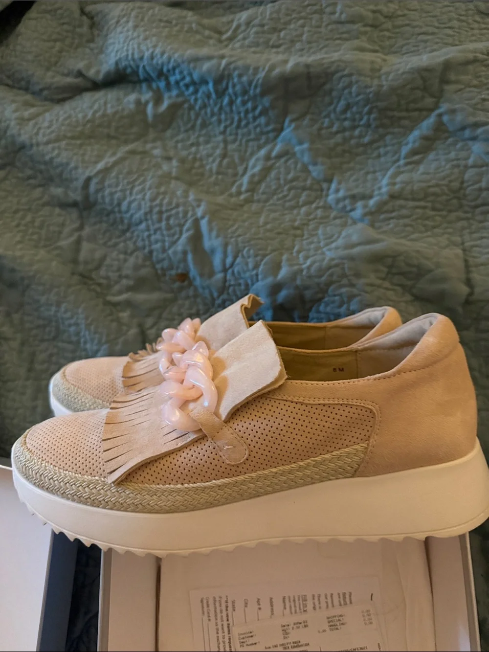Vaneli Pink Beige Fringe Slip-On Sneakers with Decorative Chain